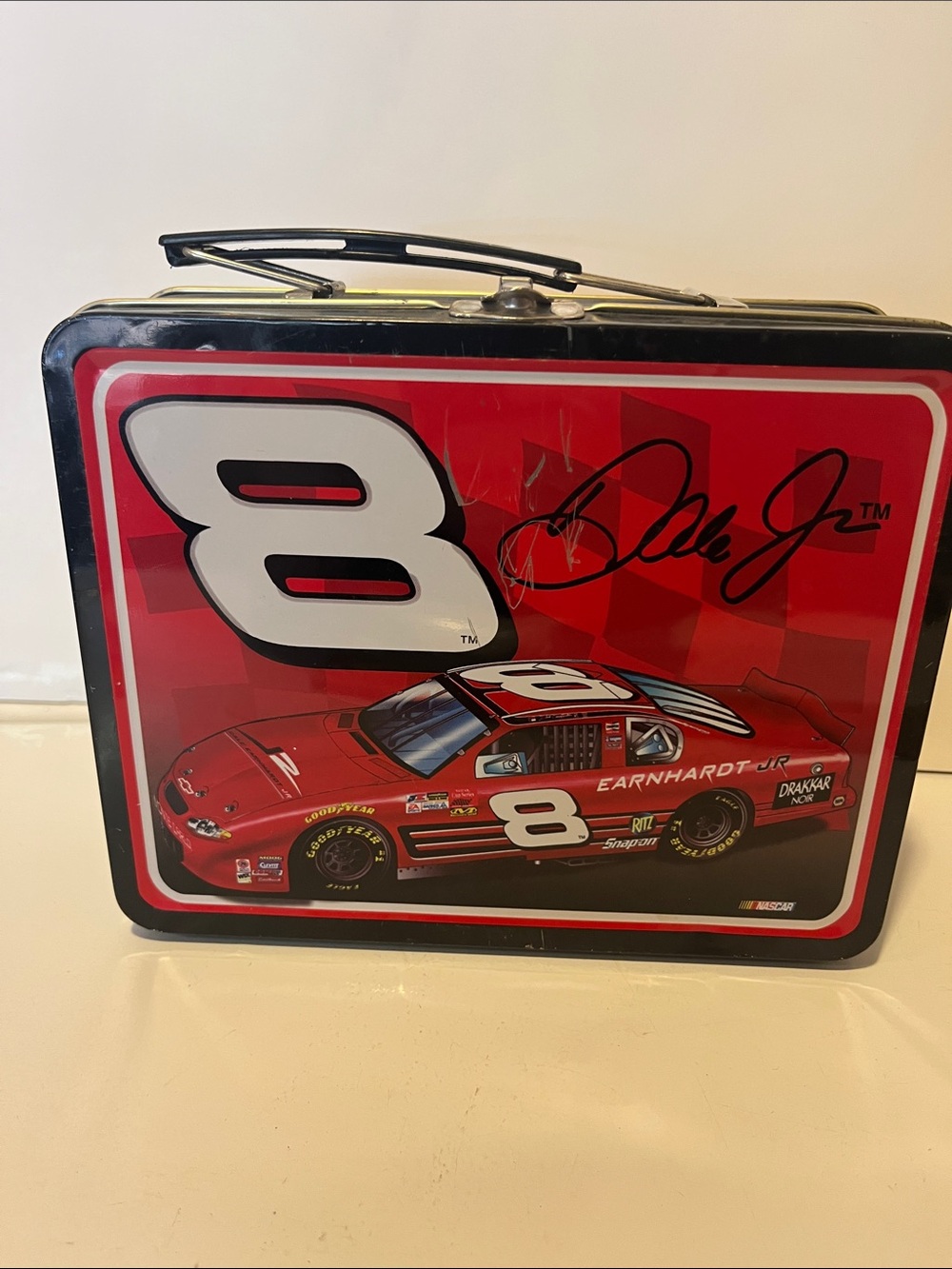 collectible metal tin lunch box featuring NASCAR driver Dale Earnhardt Jr. and
